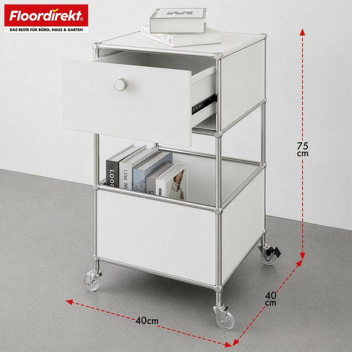 FLOORDIREKT Metallregal Concept Epure MK-145 - Beistell- & Aufbewahrungsregal mit Schublade - Mit Rollen - Weiß
