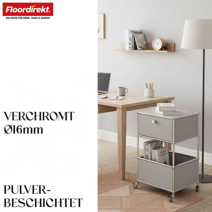 FLOORDIREKT Metallregal Concept Epure MK-145 - Beistell- & Aufbewahrungsregal mit Schublade - Mit Rollen - Grau
