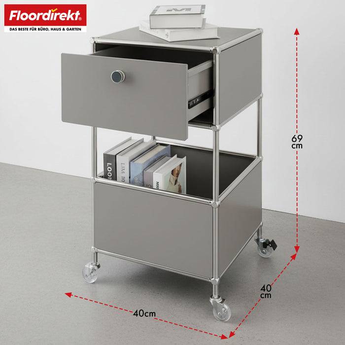 FLOORDIREKT Metallregal Concept Epure MK-145 - Beistell- & Aufbewahrungsregal mit Schublade - Mit Rollen - Grau