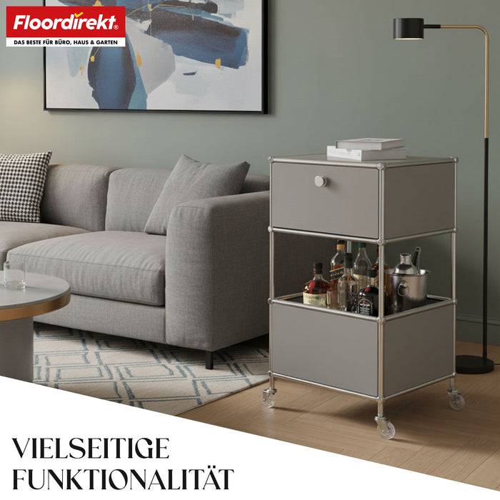 FLOORDIREKT Metallregal Concept Epure MK-145 - Beistell- & Aufbewahrungsregal mit Schublade - Mit Rollen - Grau
