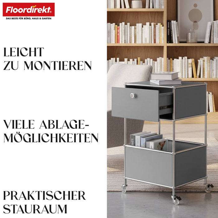 FLOORDIREKT Metallregal Concept Epure MK-145 - Beistell- & Aufbewahrungsregal mit Schublade - Mit Rollen - Grau