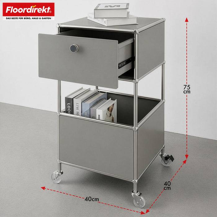 FLOORDIREKT Metallregal Concept Epure MK-145 - Beistell- & Aufbewahrungsregal mit Schublade - Mit Rollen - Grau
