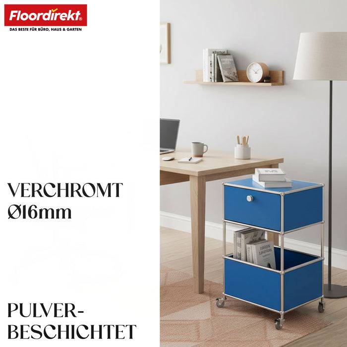 FLOORDIREKT Metallregal Concept Epure MK-145 - Beistell- & Aufbewahrungsregal mit Schublade - Mit Rollen - Blau