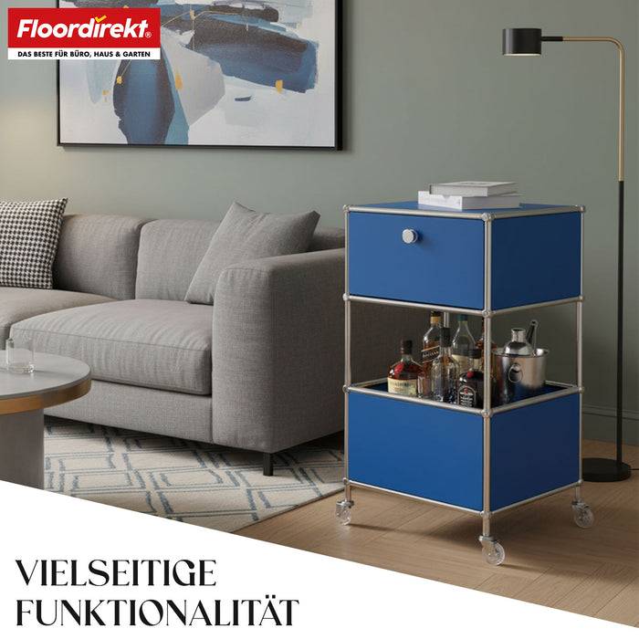 FLOORDIREKT Metallregal Concept Epure MK-145 - Beistell- & Aufbewahrungsregal mit Schublade - Mit Rollen - Blau