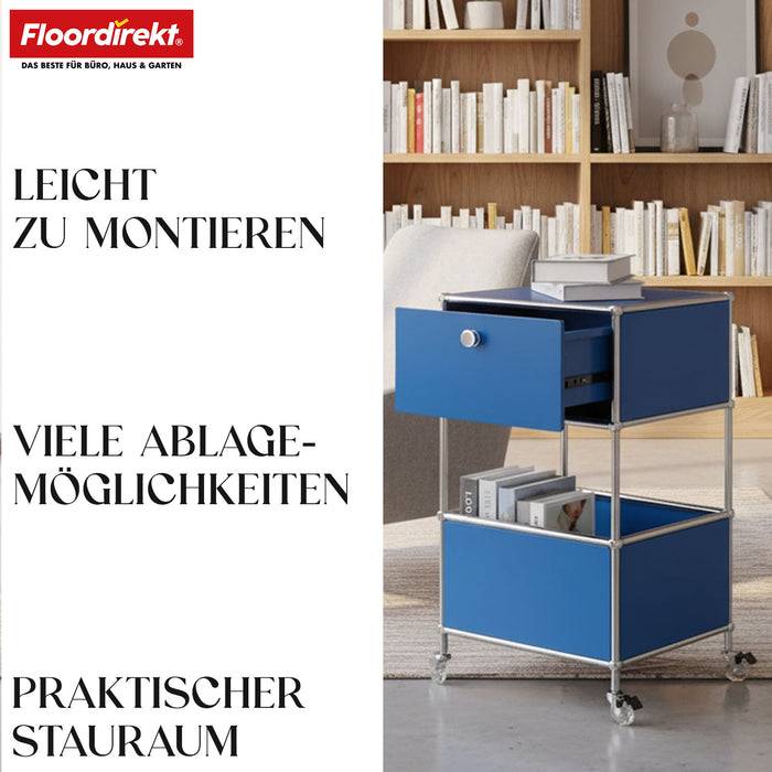 FLOORDIREKT Metallregal Concept Epure MK-145 - Beistell- & Aufbewahrungsregal mit Schublade - Mit Rollen - Blau