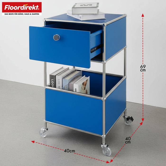 FLOORDIREKT Metallregal Concept Epure MK-145 - Beistell- & Aufbewahrungsregal mit Schublade - Mit Rollen - Blau