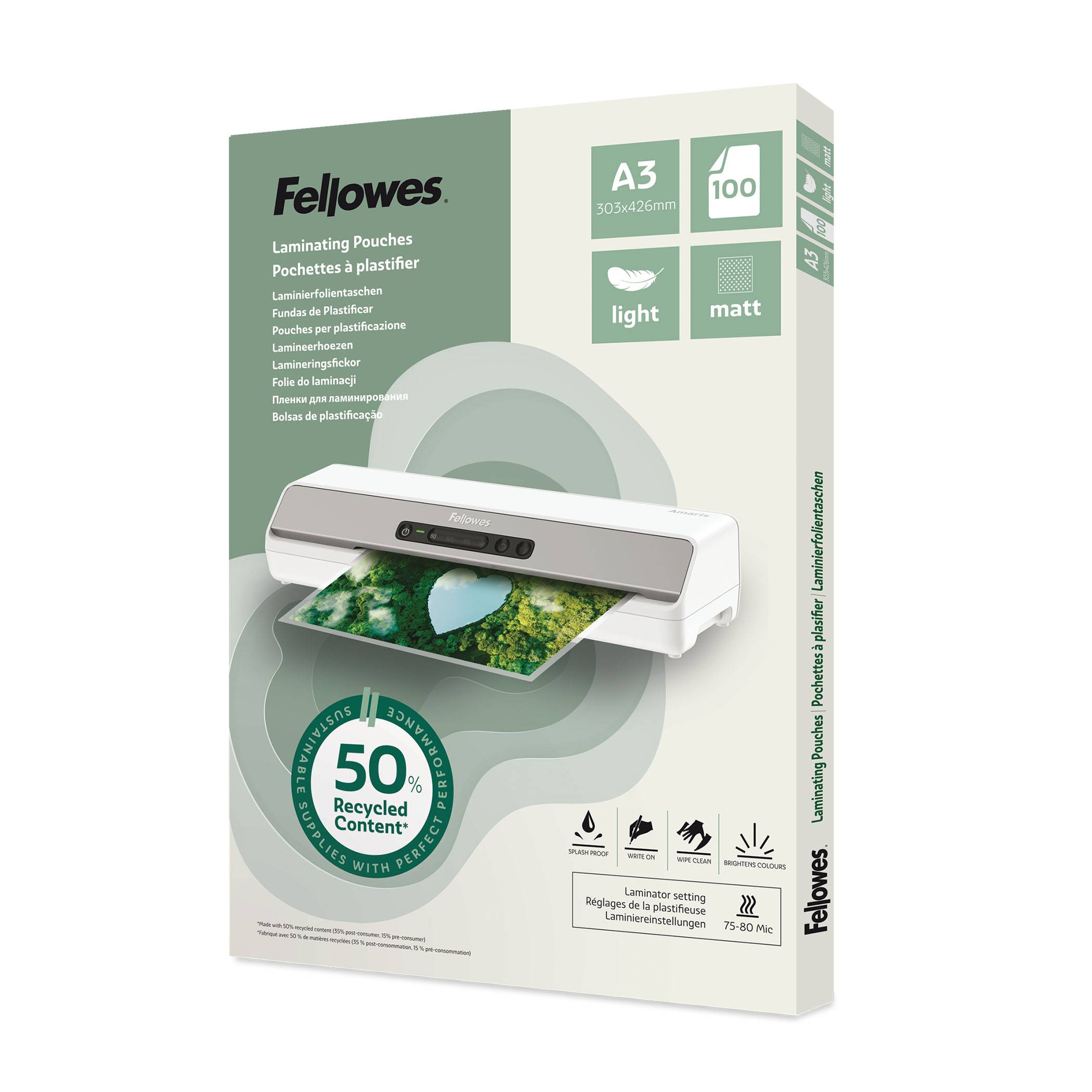 Fellowes A3-Laminierfolien Verpackung, 100er-Pack, matter Oberfläche, 50% recycelter Inhalt, abgebildet mit einer Laminiermaschine und einem Beispielblatt.