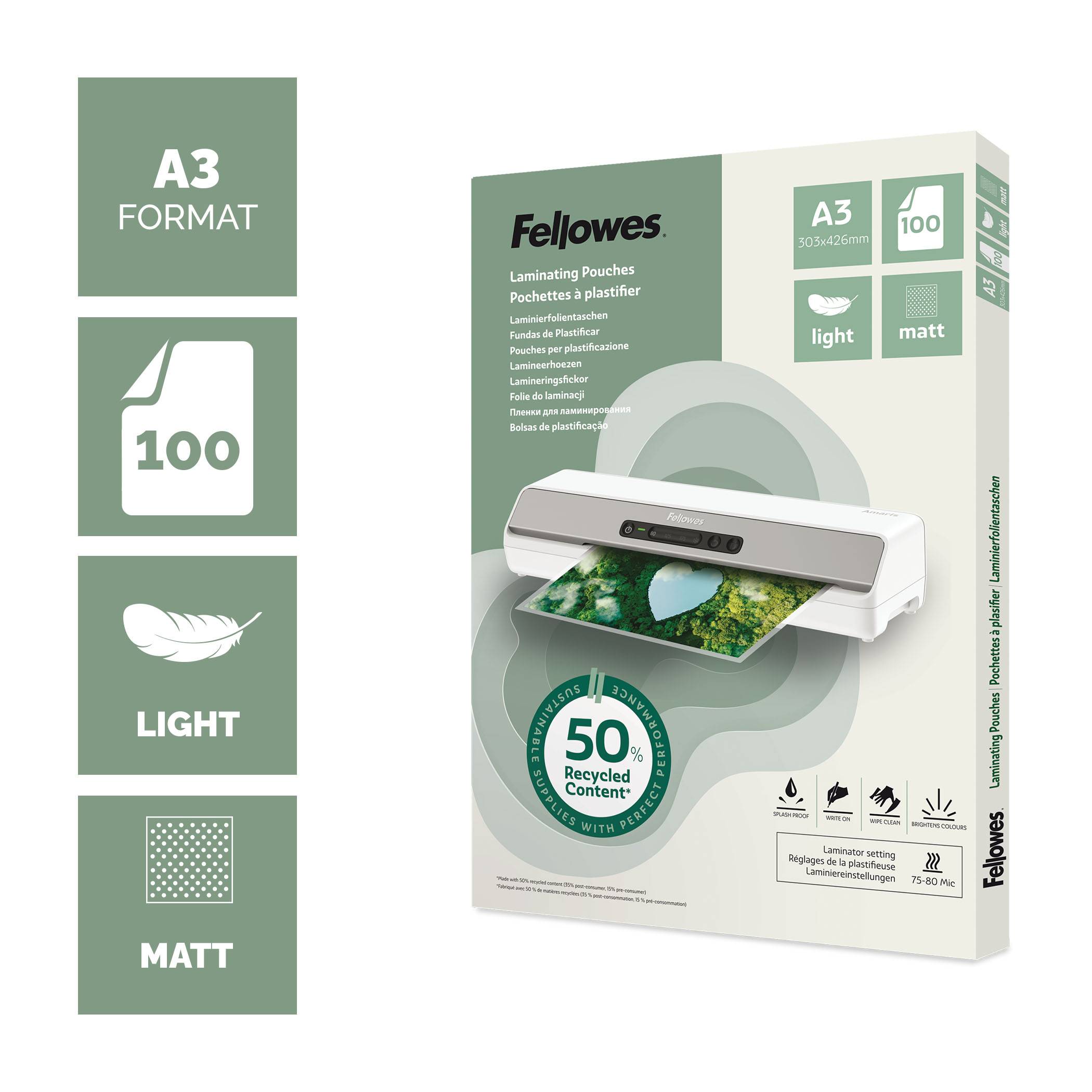 Fellowes-Laminierfolien-Verpackung, zeigt A3-Format, 100 Blatt, matte und glatte Oberfläche, und 50% recyceltem Inhalt.