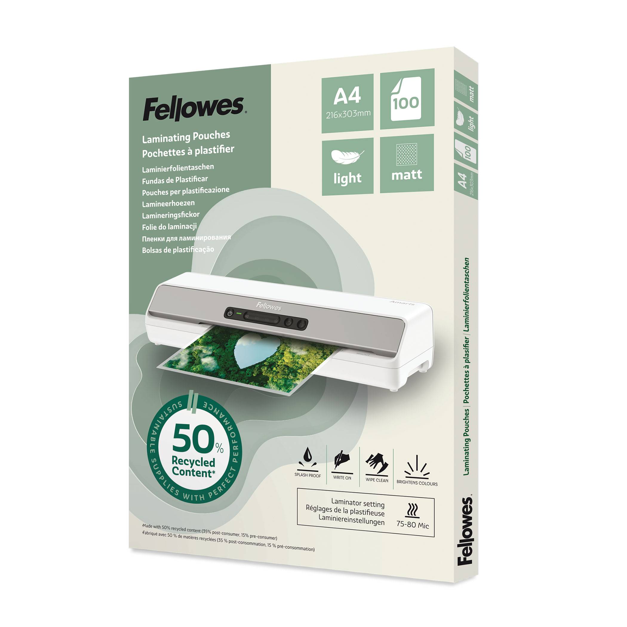 Fellowes A4 Laminierfolien – 100 Stück, 75/80 Mikron, Matt – 50% Recyclingant...