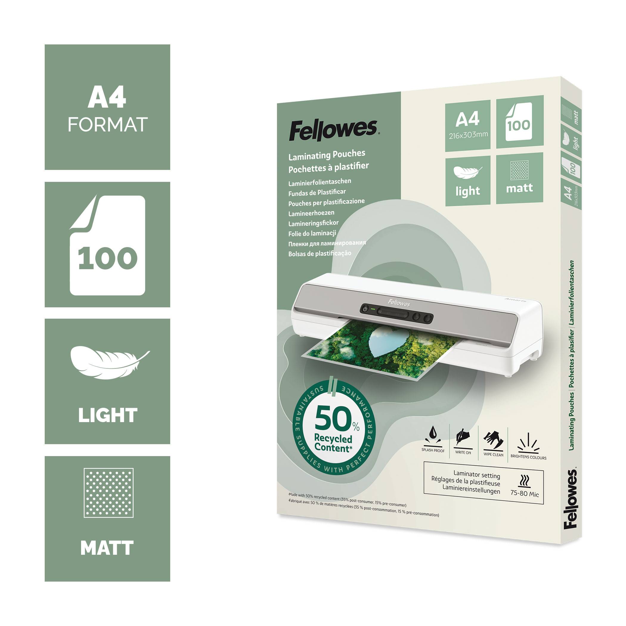 Fellowes A4 Laminierfolien – 100 Stück, 75/80 Mikron, Matt – 50% Recyclingant...