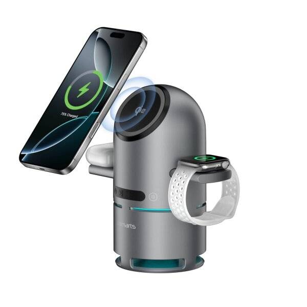 Kompakte kabellose Ladestation, die ein Telefon, Kopfhörer und eine Smartwatch gleichzeitig mit leuchtenden Ladeindikatoren auflädt.