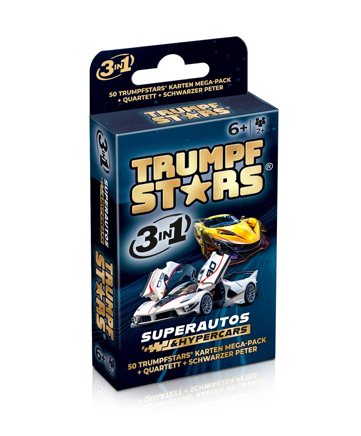 Trumpf Stars 3-in-1 Kartenspielbox mit 50 Karten, Superautos und Hypercars, ab 6 Jahren.