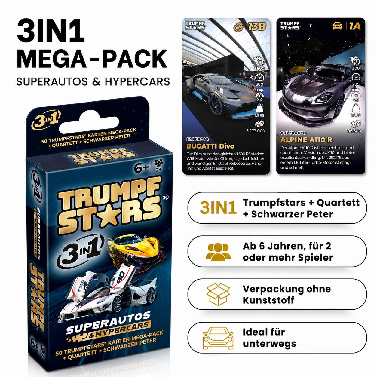 3IN1 Mega-Pack für Superautos und Hypercars, mit Trumpfstars-Karten, Quartett und Schwarzer Peter ab 6 Jahren; Verpackung und zwei Beispiel-Autokarten werden gezeigt.