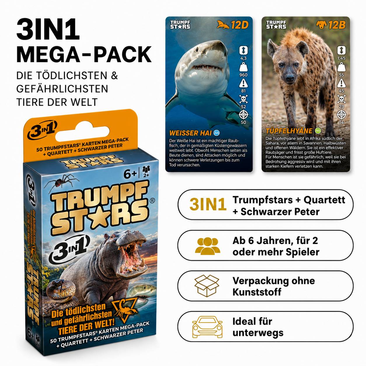 Werbebild für ein "3IN1 Mega-Pack"" TRUMPF STARS Kartenset, das Hai- und Hyänenkarten zeigt, plus Text: ""Trumpfstar + Quartett + Schwarzer Peter"", für ab 6 Jahren und 2+ Spieler.