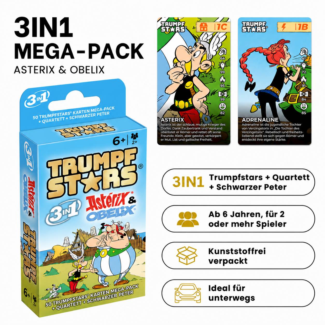 Trumpf Stars 3-in-1 Mega-Paket mit Asterix & Obelix; verpacktes Kartenspiel ab 6 Jahren, für 2+ Spieler, plastikfreie Verpackung.