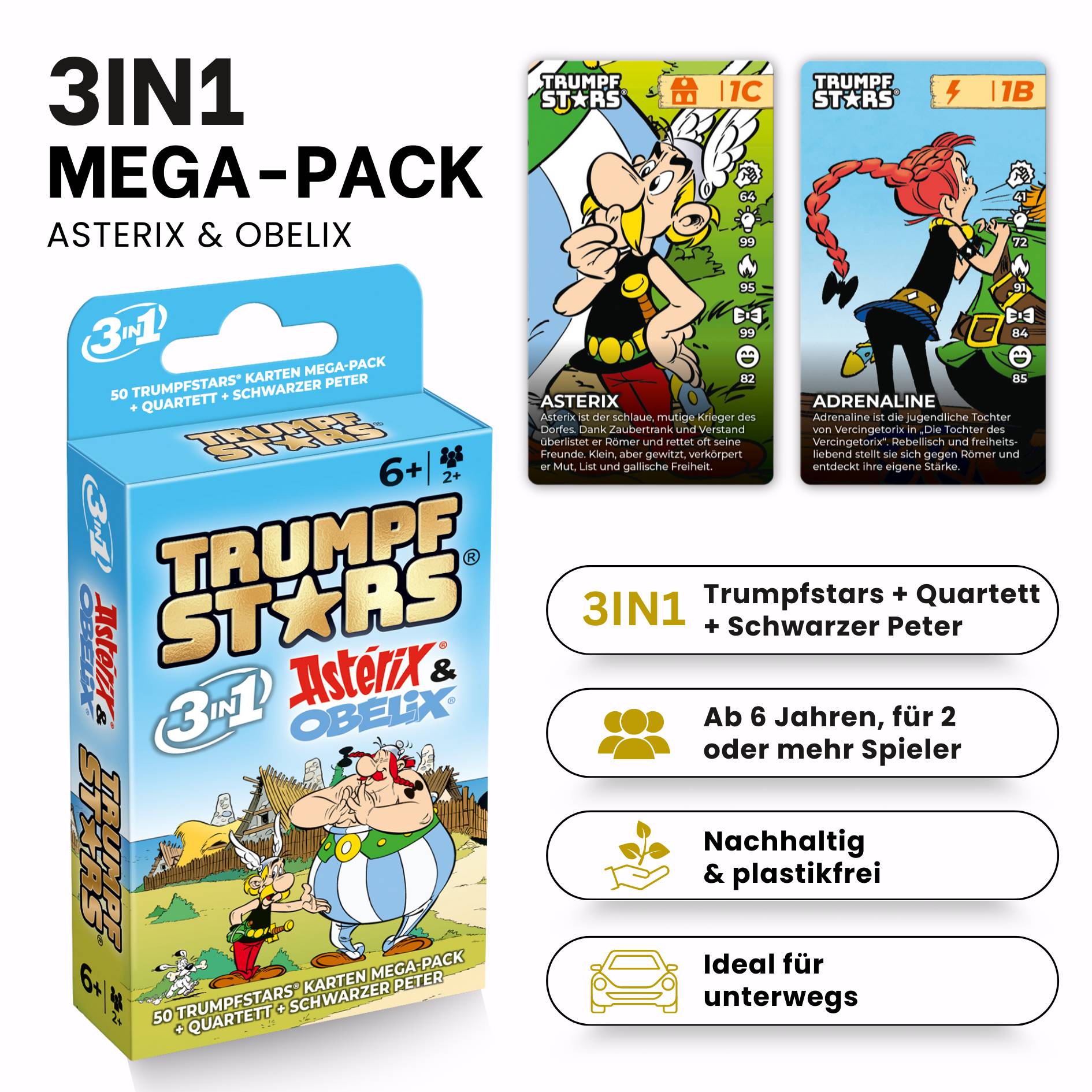 Kartenspiel Trumpfstars Asterix & Obelix 3 in 1 Quartettspiel ab 6 Jahren für 2+ Spieler