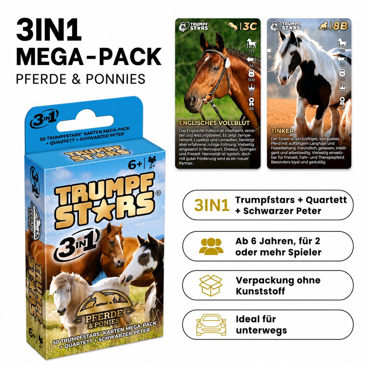 TRUMPFSTARS 3-in-1 Megapack für Pferde und Ponys, bestehend aus Trumpfstars-Karten, Quartett und Schwarzer Peter; ab 6 Jahren, 2+ Spieler, plastikfreie Verpackung.