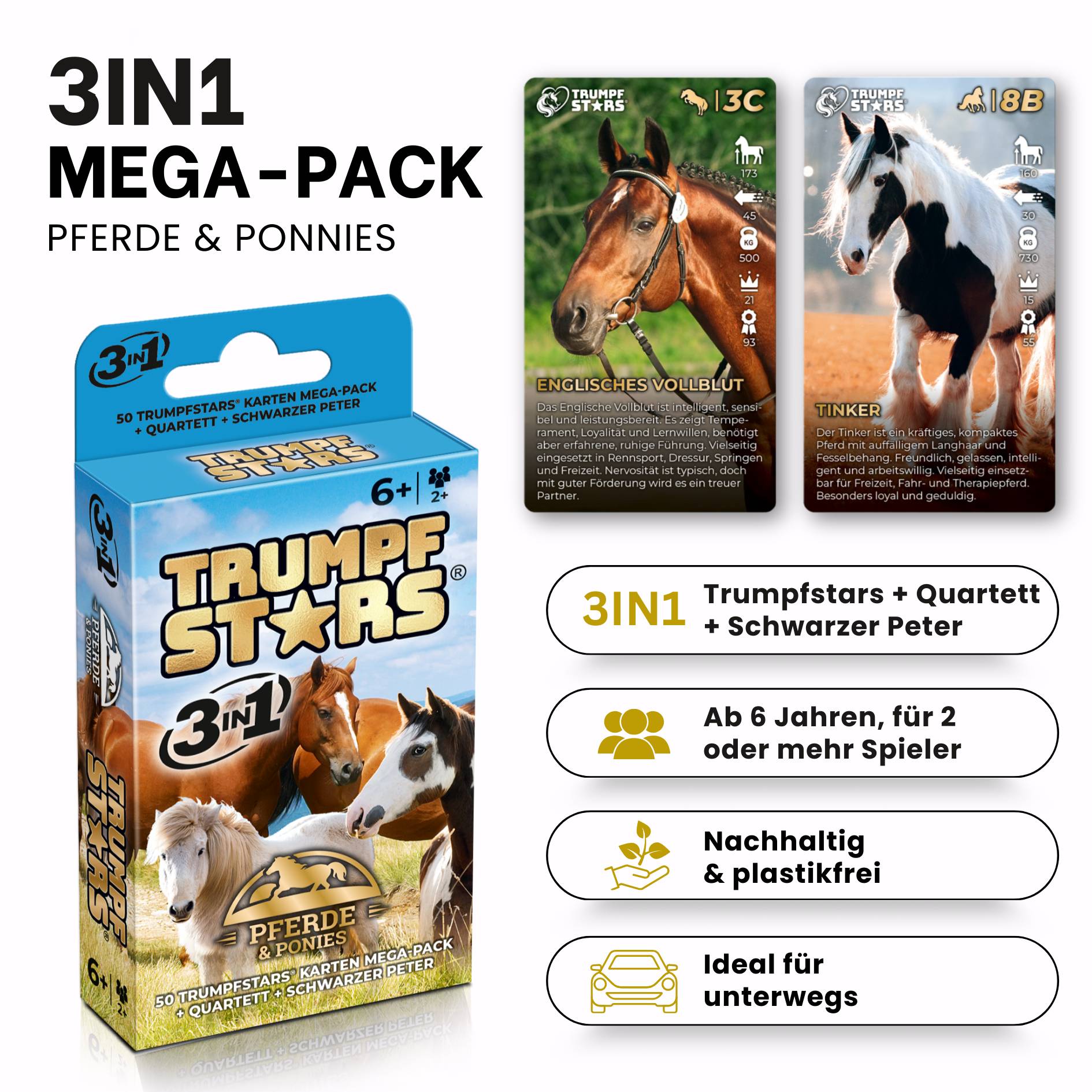 Kartenspiel Trumpfstars Pferde und Ponys 3 in 1 Quartettspiel ab 6 Jahren für 2+ Spieler