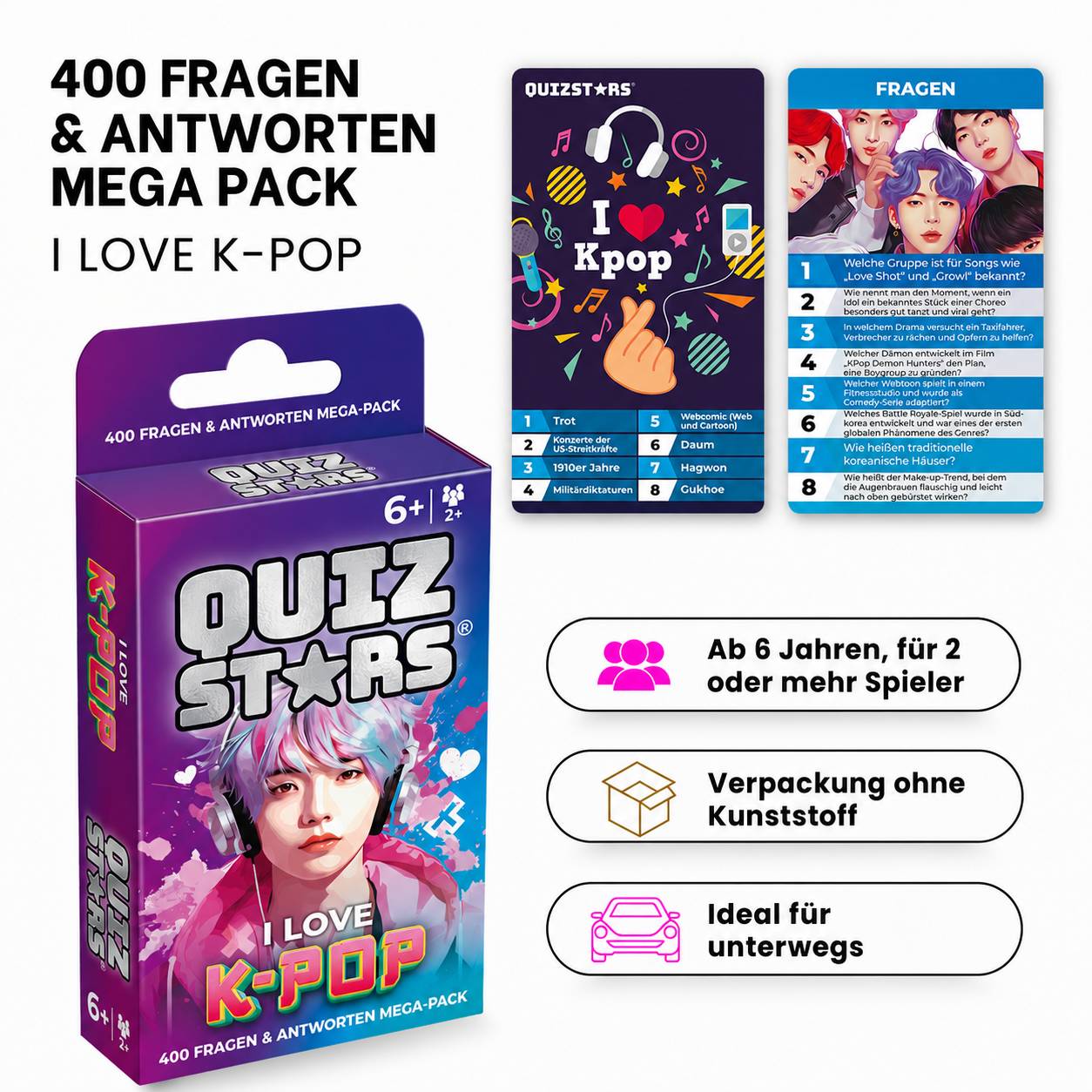 Verpackung für „Quiz Stars I Love K-Pop" 400-Fragen-Antwortpaket, das Beispielkarten und Symbole für Alter 6+, 2+ Spieler, plastikfreie Verpackung und reisefreundliche Nutzung zeigt.
