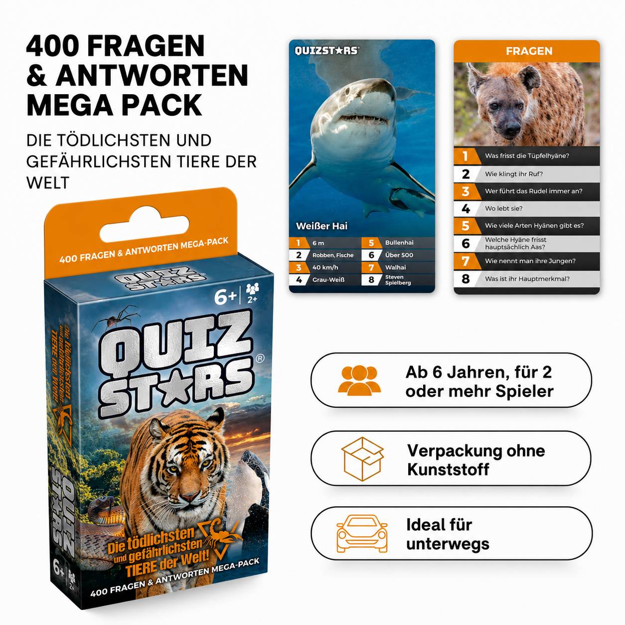 Kartenspiel in Box „Quiz Stars" mit 400 Fragen und Antworten über die tödlichsten und gefährlichsten Tiere der Welt; dargestellt mit Hai- und Bärenkarten, ab 6 Jahren, 2+ Spieler, plastikfreie Verpackung, reisefreundlich.
