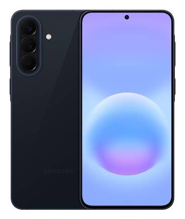 Schwarzes Samsung-Smartphone von vorne und hinten gezeigt, mit dreifacher Rückkamera und zentriertem Punch-Hole-Display auf einem blau-violetten Bildschirm.