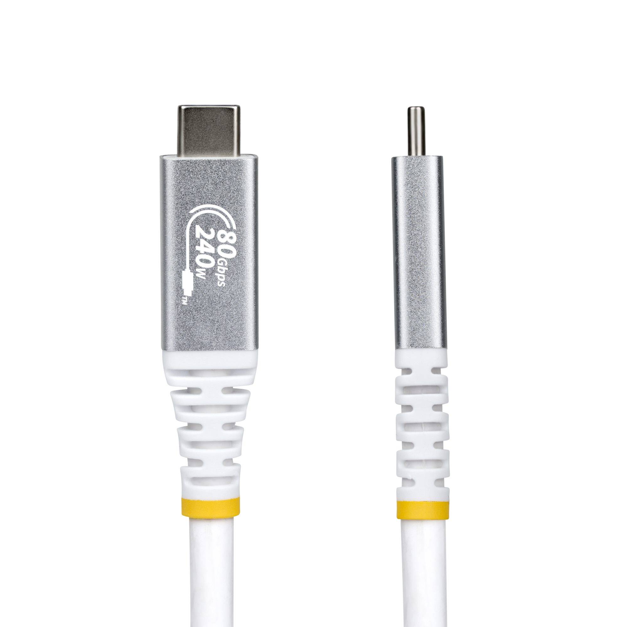 USB-C-Ladekabel mit einem USB-C-Stecker und einem schlanken runden Anschluss, weißes Kabel mit silbernen Enden, beschriftet mit „80 Gbps 240W