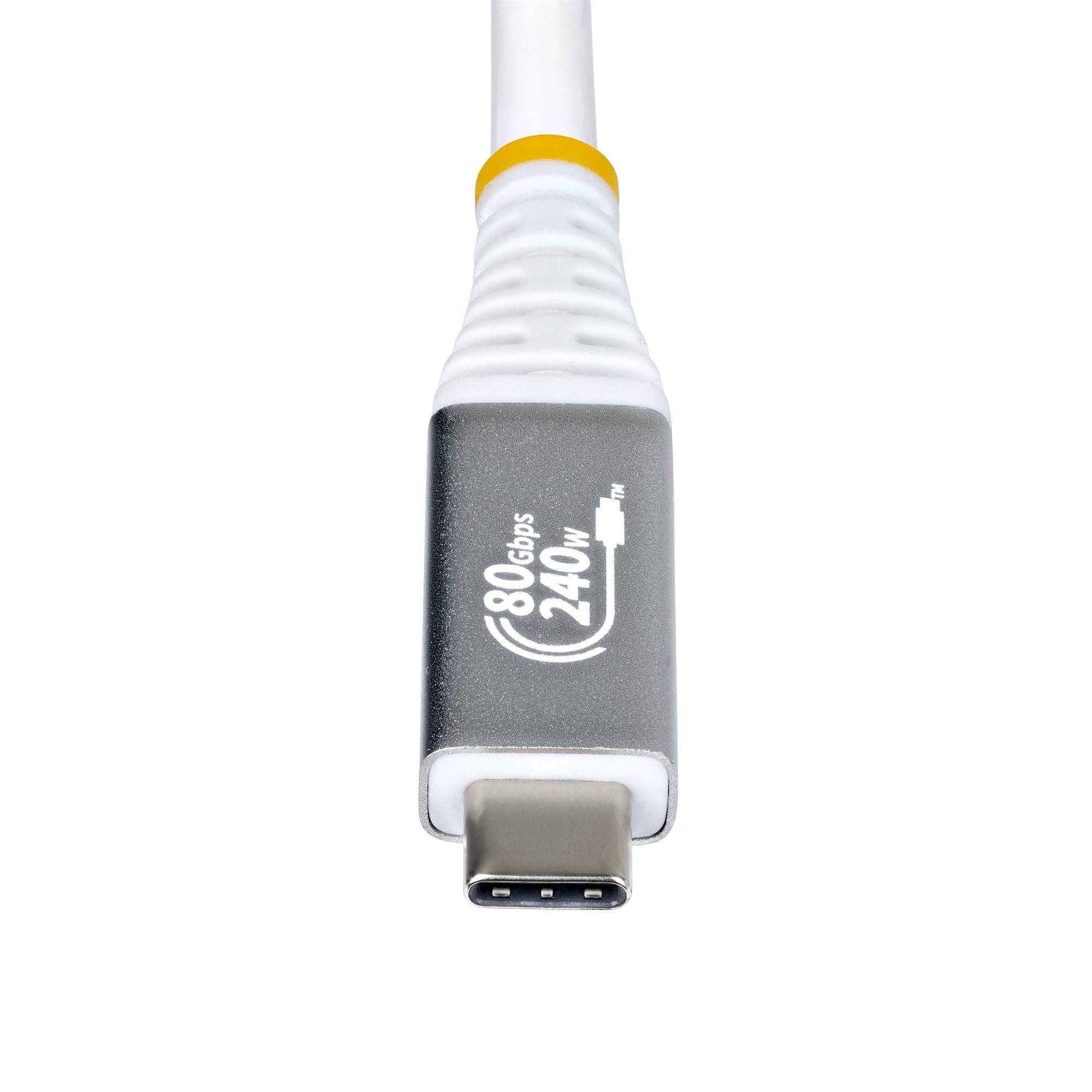 Großaufnahme eines USB-C-Kabelsteckers mit den Bezeichnungen „80 Gbps
