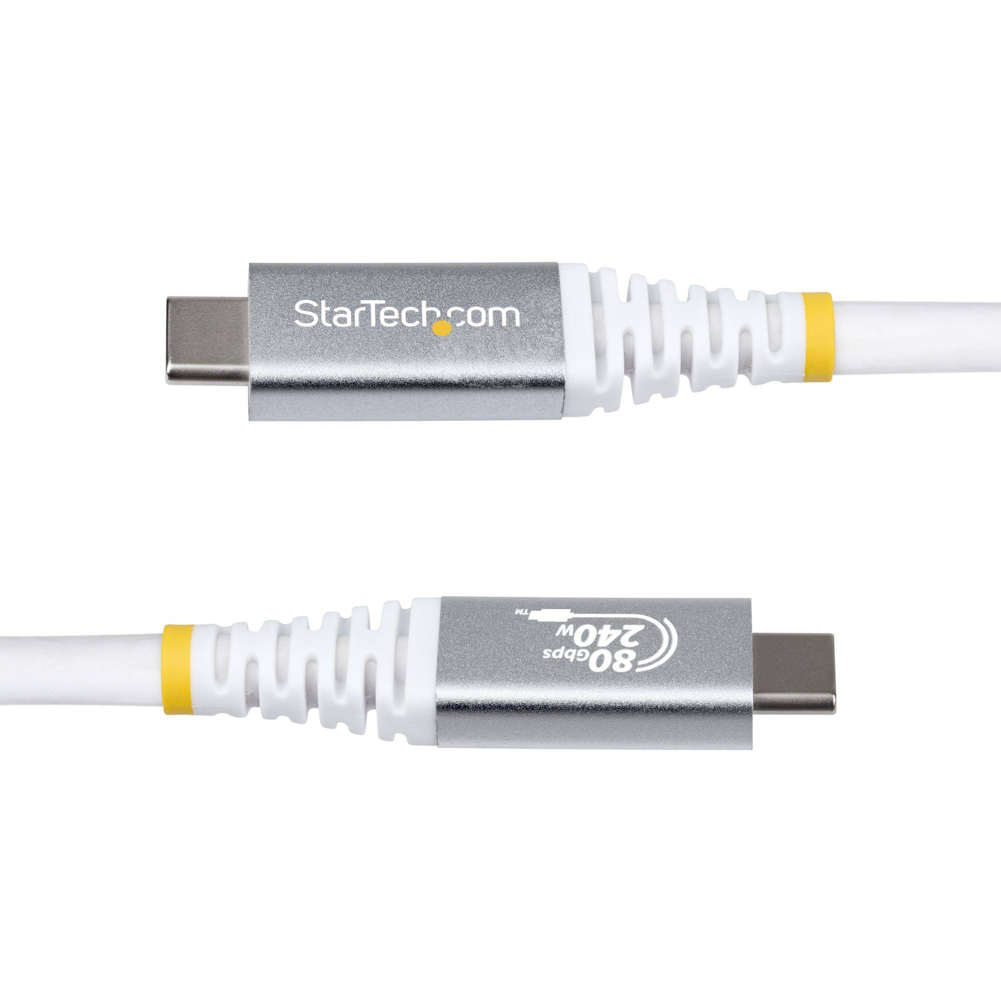 Zwei USB-C-Kabelenden auf weißem Hintergrund, silberne Stecker mit weißer Zugentlastung und StarTech.com-Logo.