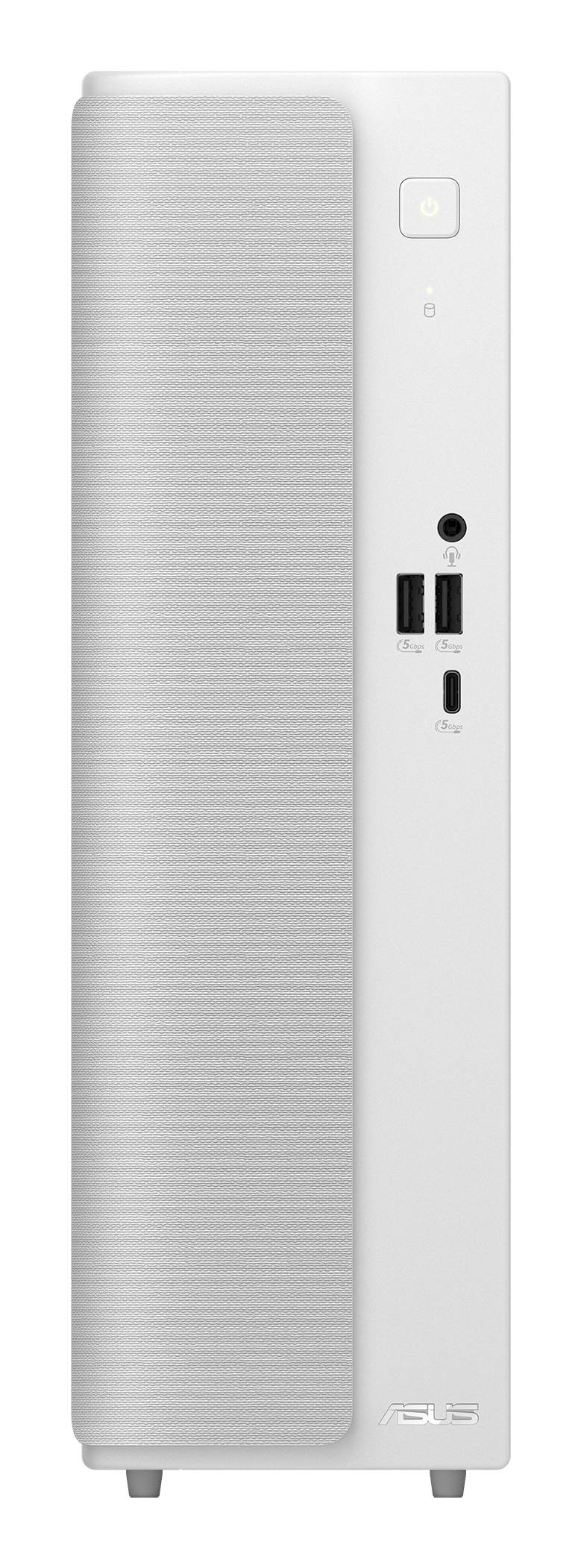 Vorderansicht eines silbernen ASUS-Gehäuses für Desktops mit strukturiertem Frontpanel, Schalter für Ein-/Ausschalten, Kopfhörerbuchse, zwei USB-Anschlüssen und ASUS-Logo.
