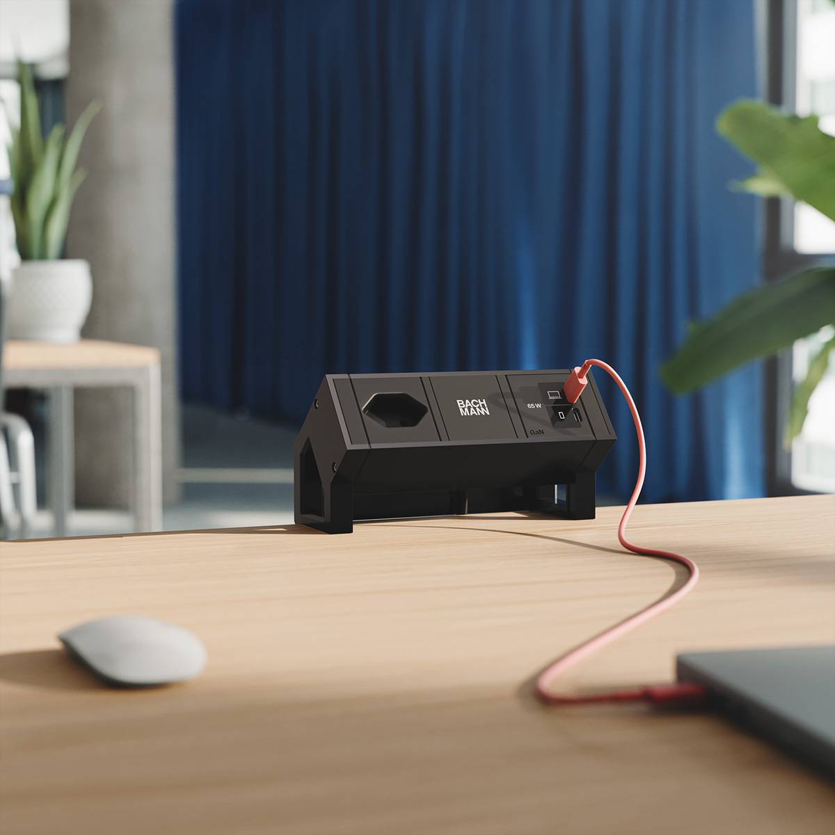 BACHMANN DESK2 1xCH 90° 1xUSB C/C 65W, L=0,2m RAL9005