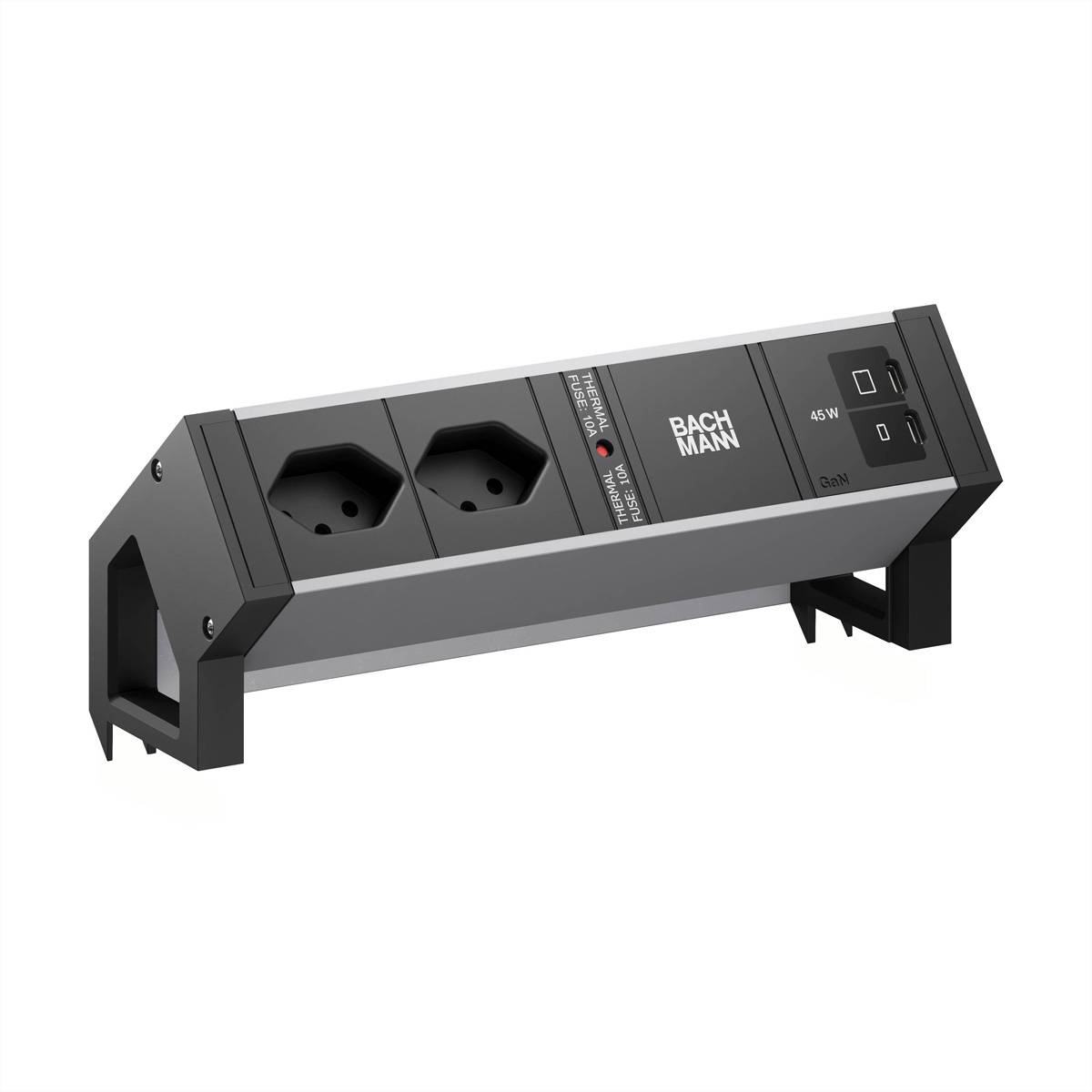 BACHMANN DESK2 ALU BLACK 2xCH 90°, 1xUSB C/C45W L=0,2m
