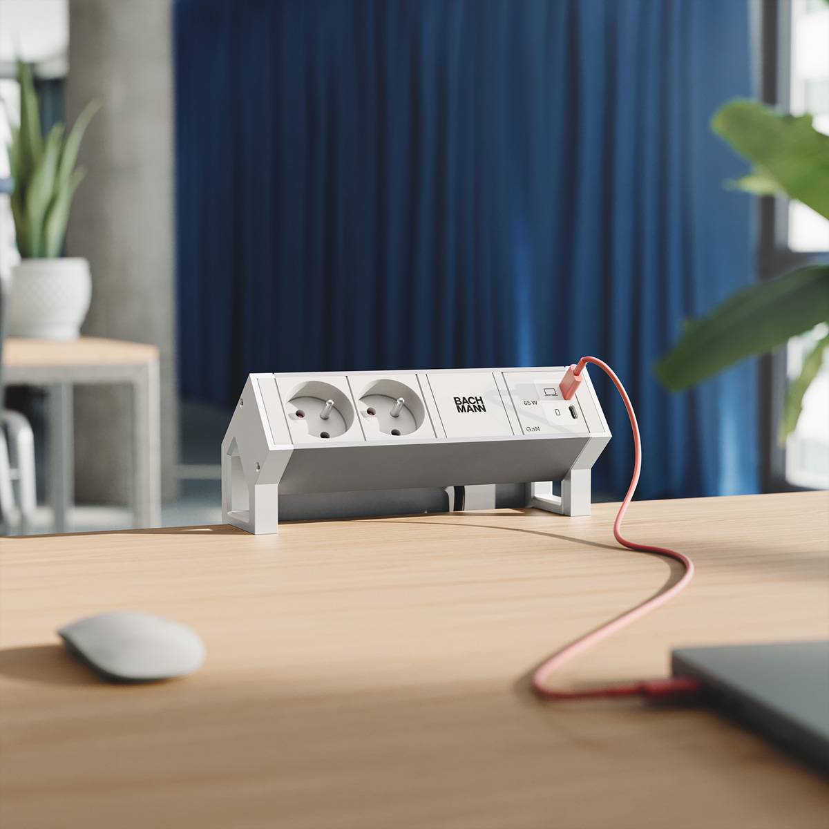 BACHMANN DESK2 ALU WHITE 2xUTE, 1xUSB C/C 65W L=0,2m RAL9010