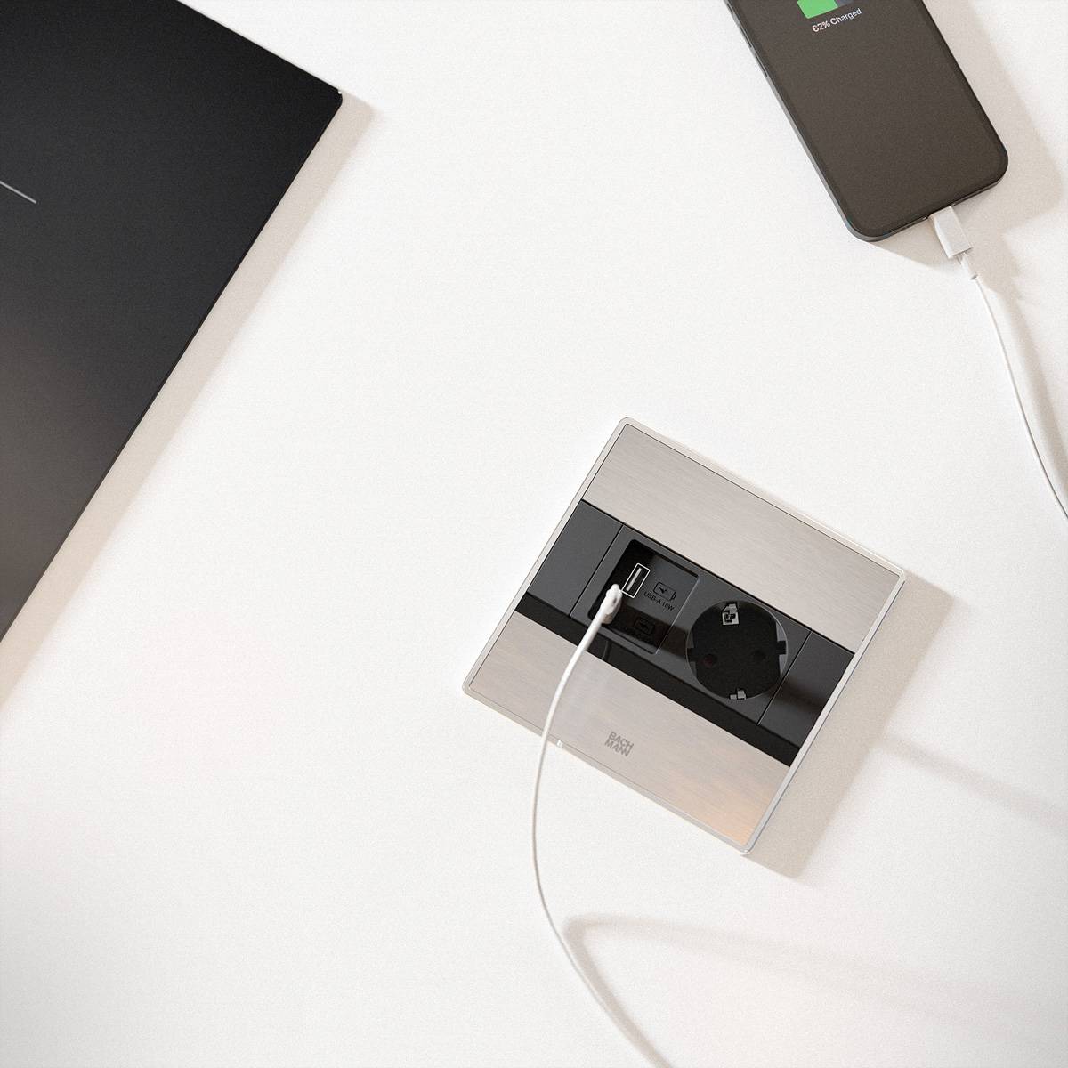 BACHMANN SENSE Edelstahl-Optik 1x CEE7/3, 1x USB A/C L=2,0m AEH