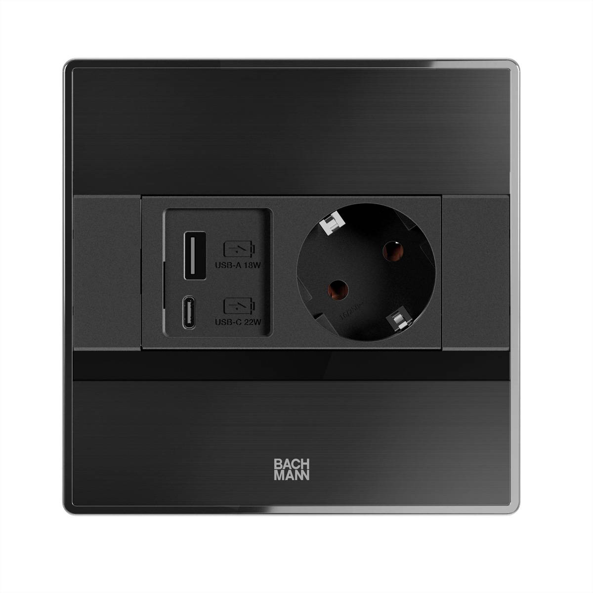 BACHMANN SENSE schwarz 1x CEE7/3, 1x USB A/C L=2,0m AEH