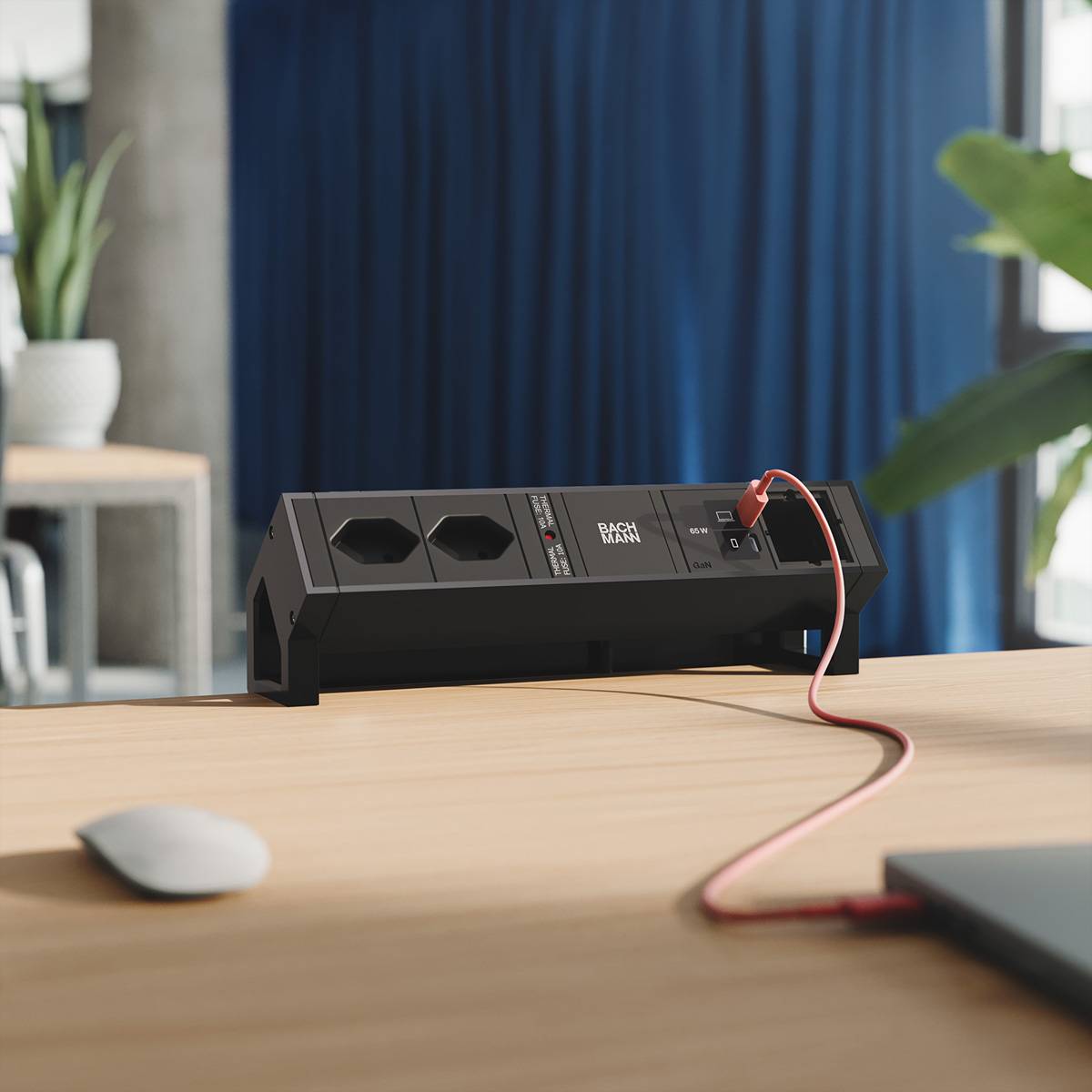 BACHMANN DESK2 2xCH 90° 1xUSB C/C 65W, 1xCM L=0,2m RAL9005