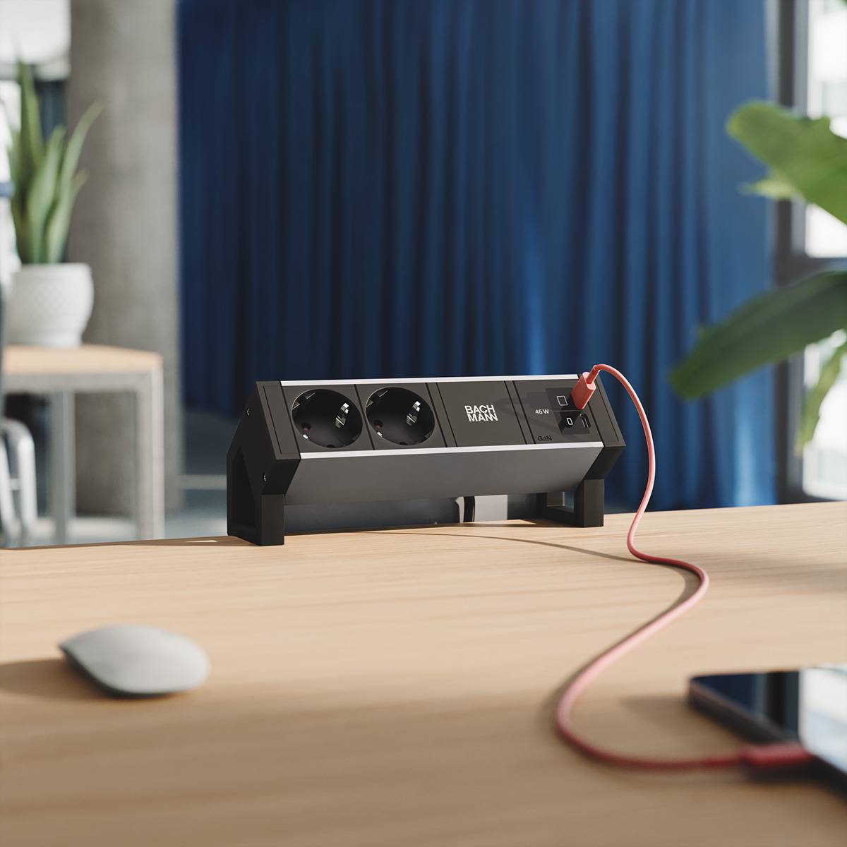 BACHMANN DESK2 ALU BLACK 2xCEE7/3, 1xUSB C/C 45W L=0,2m RAL9005