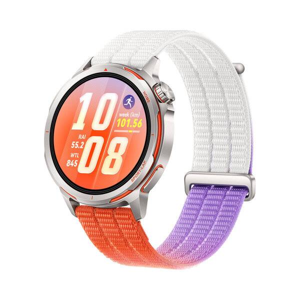 Runde Smartwatch mit orangefarbigem digitalem Fitness-Display und weißem Gewebearmband mit violetten und orangefarbigen Akzenten auf weißem Hintergrund.