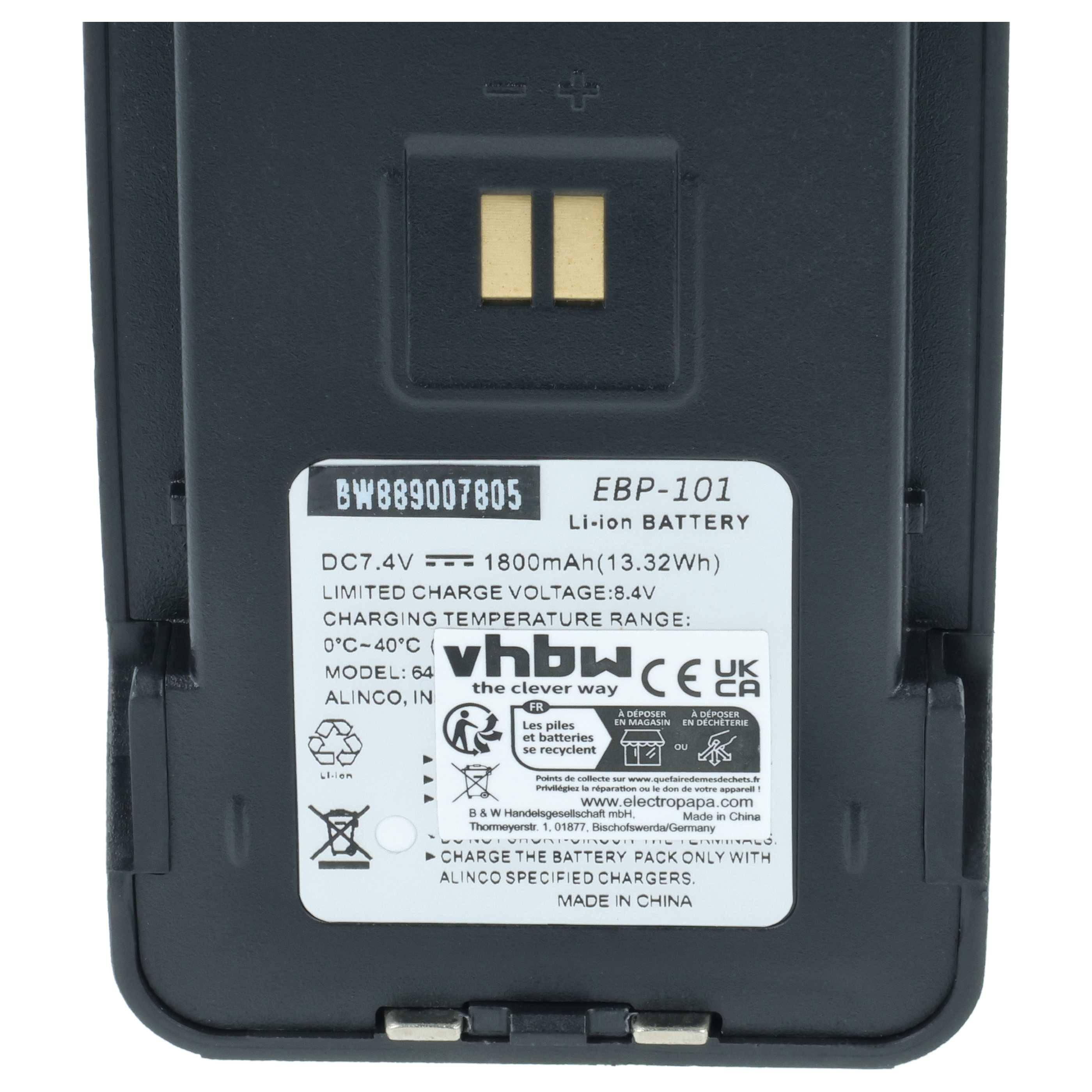 vhbw Akku kompatibel mit Alinco DJ-PAX4, DJ-VX46-E, DJ-VX-50-HE Funkgerät, Walkie Talkie (1800 mAh, 7,4 V, Li-Ion)
