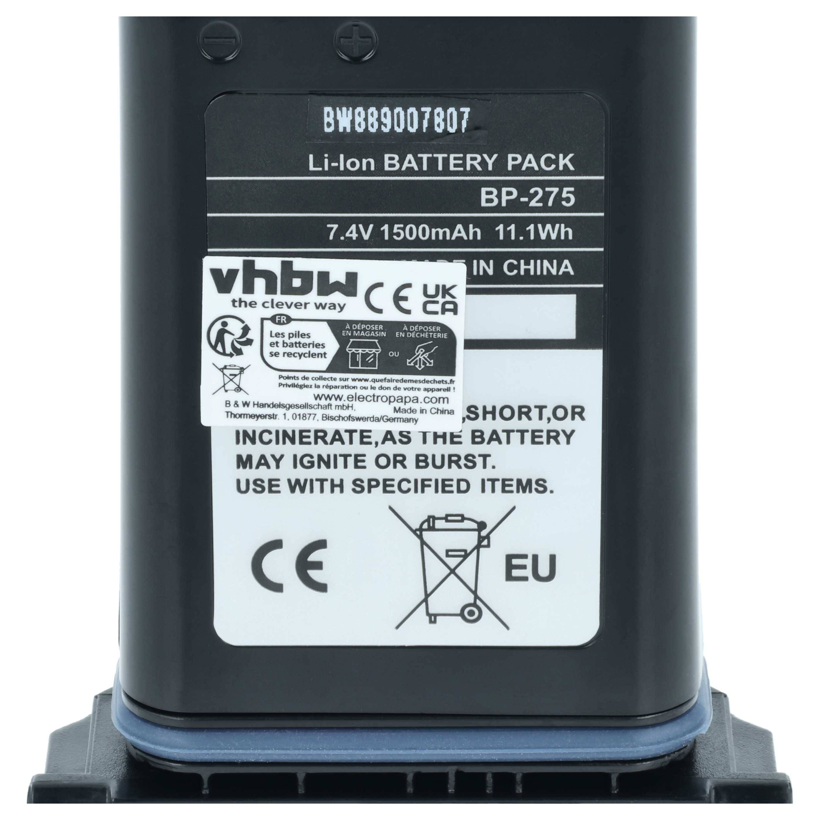 vhbw Akku Ersatz für Icom BP-275 für Funkgerät, Walkie Talkie (1500 mAh, 7,4 V, Li-Ion)