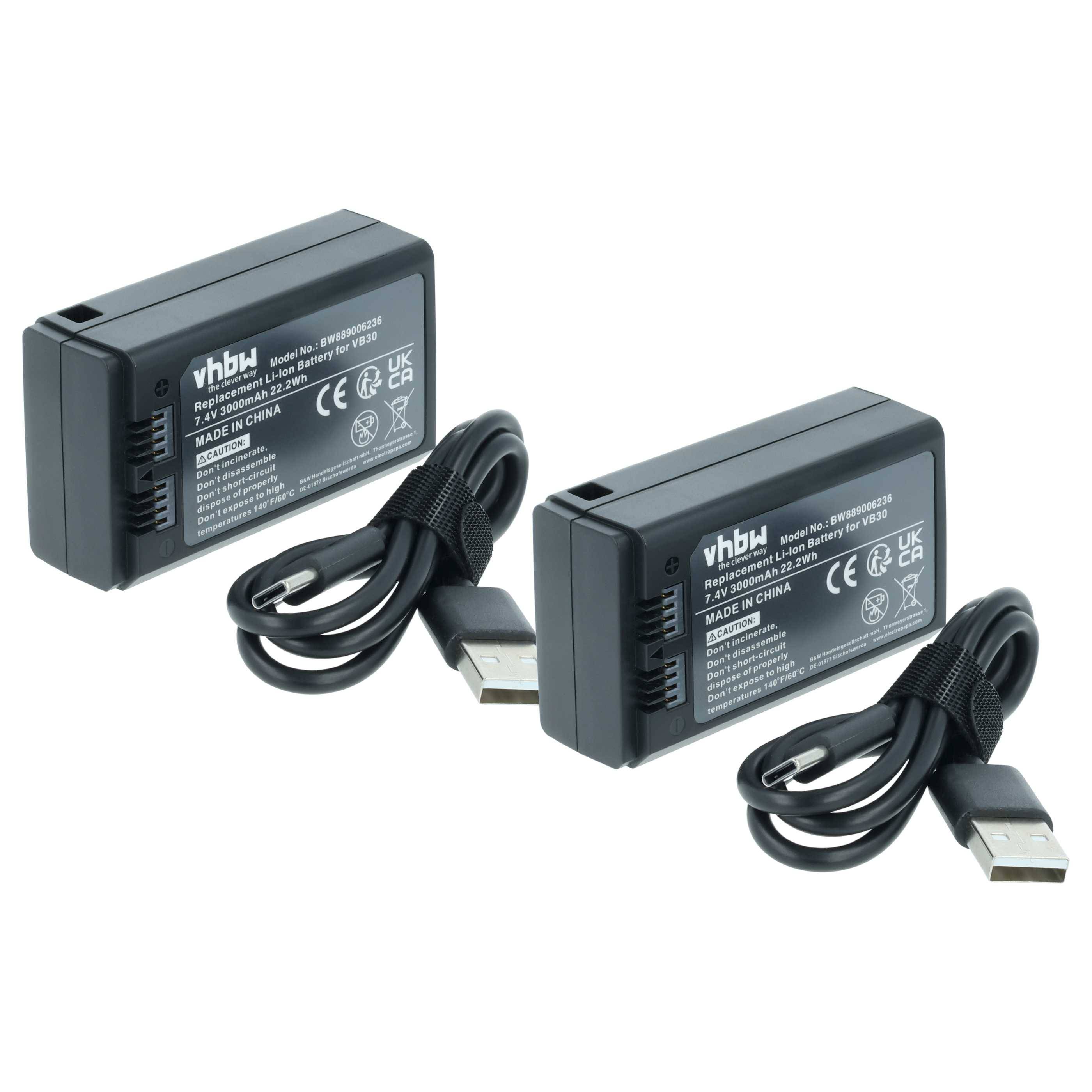 vhbw 2x Akku kompatibel mit Godox V1PRO-N, V1PRO-O, V1PRO-C, V1PRO-F, V1PRO Flash Blitzgerät, Kamera-Blitz (3000 mAh, 7,4 V, Li-Ion)