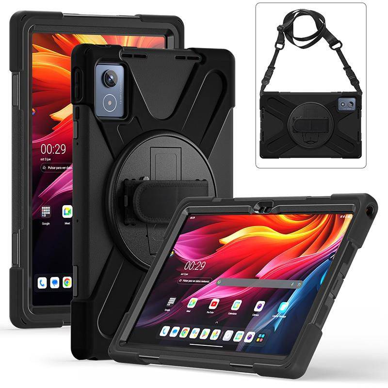 Schwarze robuste Tablet-Schutzhülle mit integriertem Handgriff und Ständer, gezeigt in Hoch- und Querformat, sowie mit Schultergurt-Zubehör.