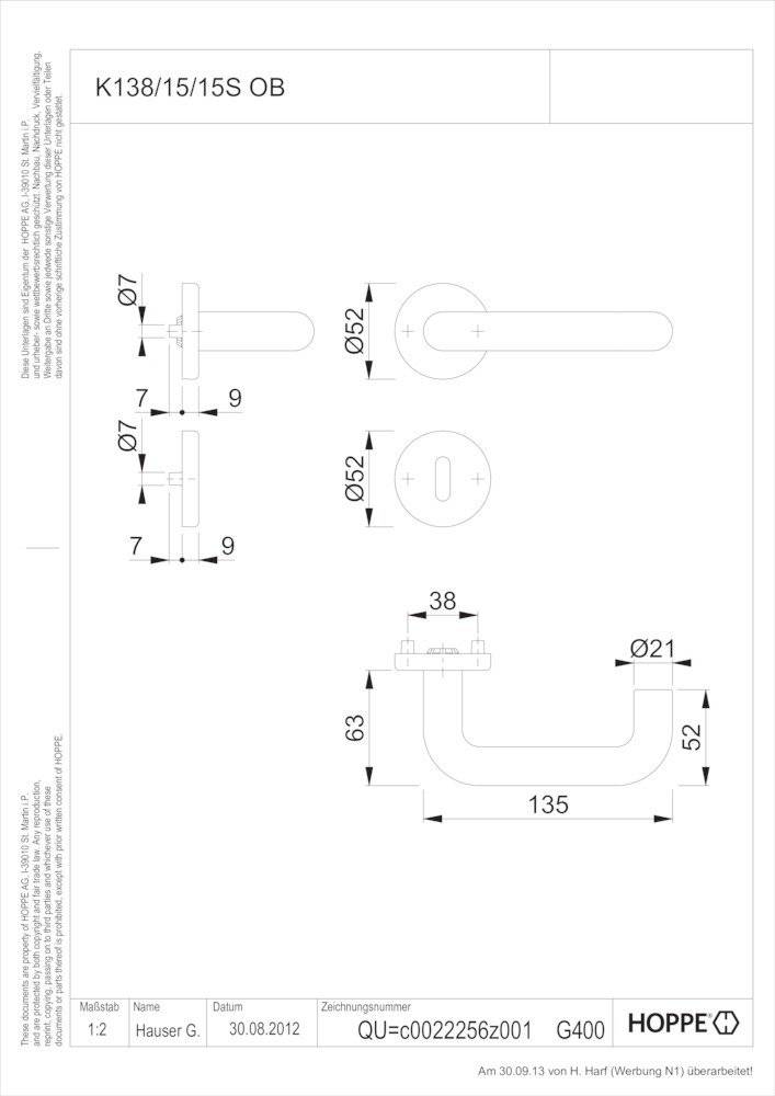Hoppe Drückergarnitur K138/15/15S, Ros., rd., BB, 8, verkehrsw., TS 40-44