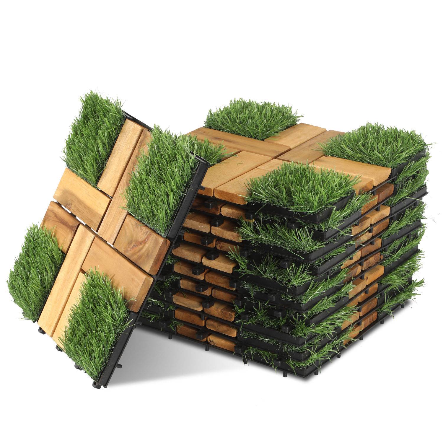 66 Stück Holzfliesen mit Kunstrasen 6 qm, 30x30cm Terrassenfliesen Klickfliesen Balkonfliesen mit Drainagensystem, Wetterfest aus Akazienholz