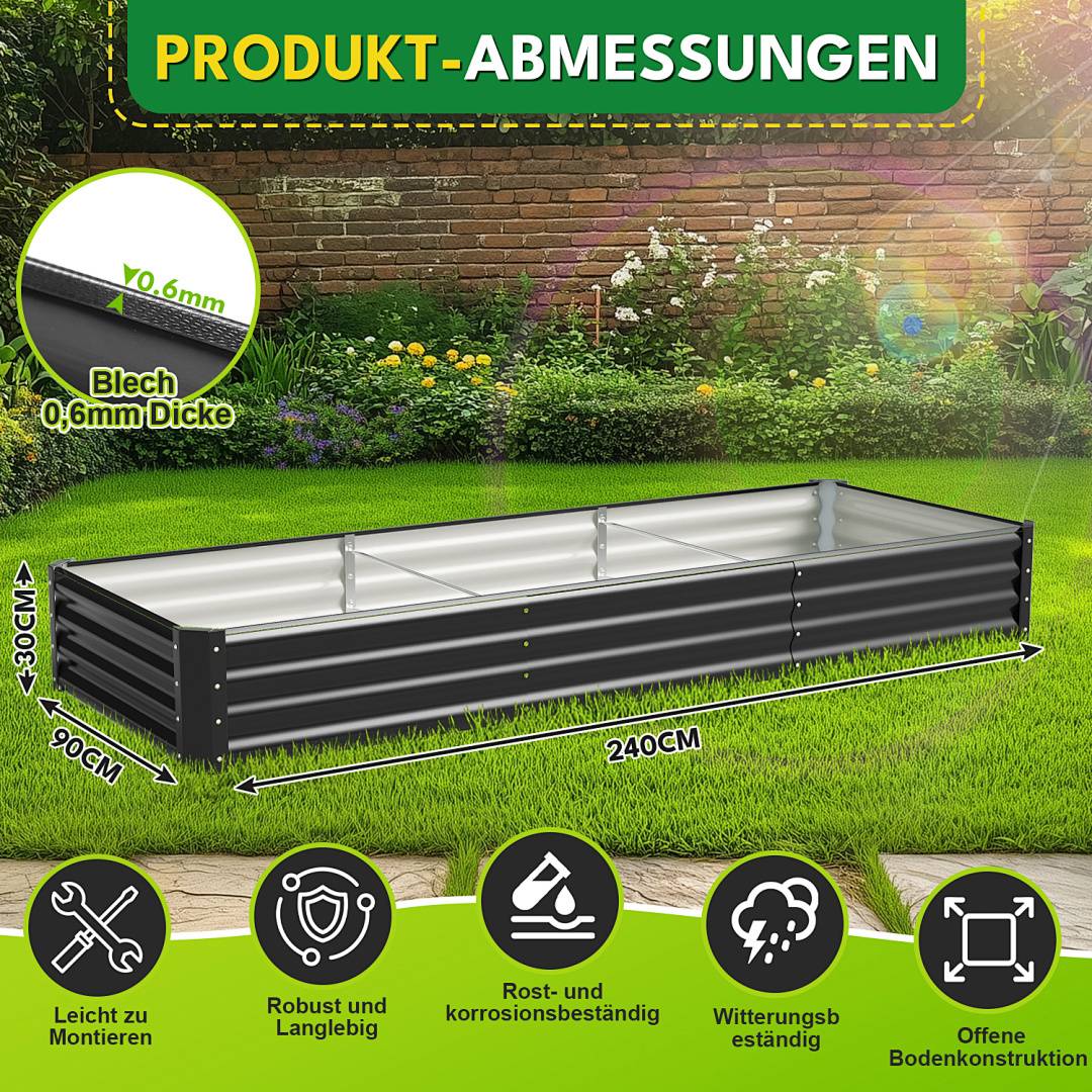 Großes Hochbeet Metall 240x90x30cm XXL Gartenbeet Verzinkt für Hochgarten, Wetterfestes Pflanzenbeet Stabil mit Erdnägeln & Stützstreben, Bodenlos