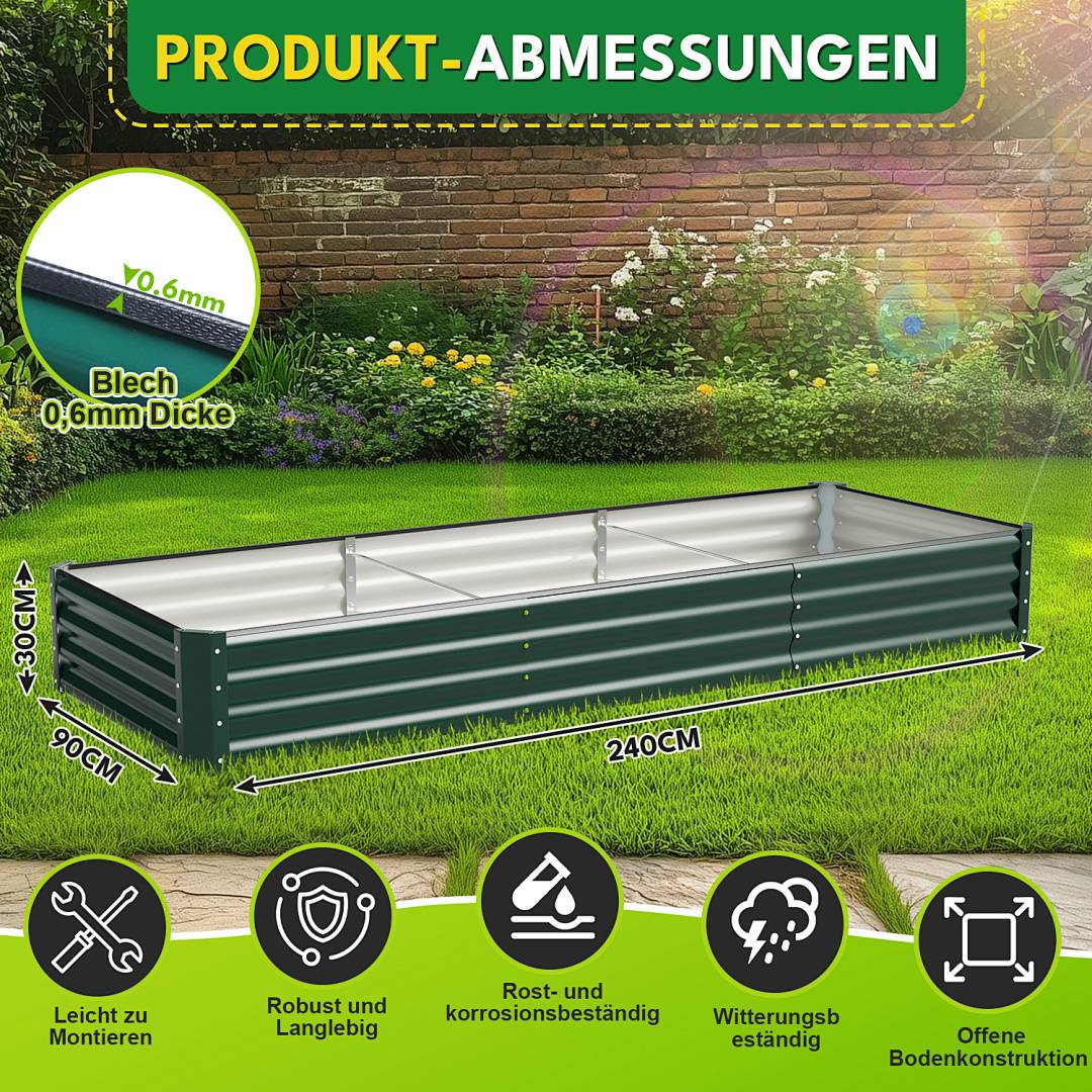 Großes Hochbeet Metall 240x90x30cm XXL Gartenbeet Verzinkt für Hochgarten, Wetterfestes Pflanzenbeet Stabil mit Erdnägeln & Stützstreben, Bodenlos