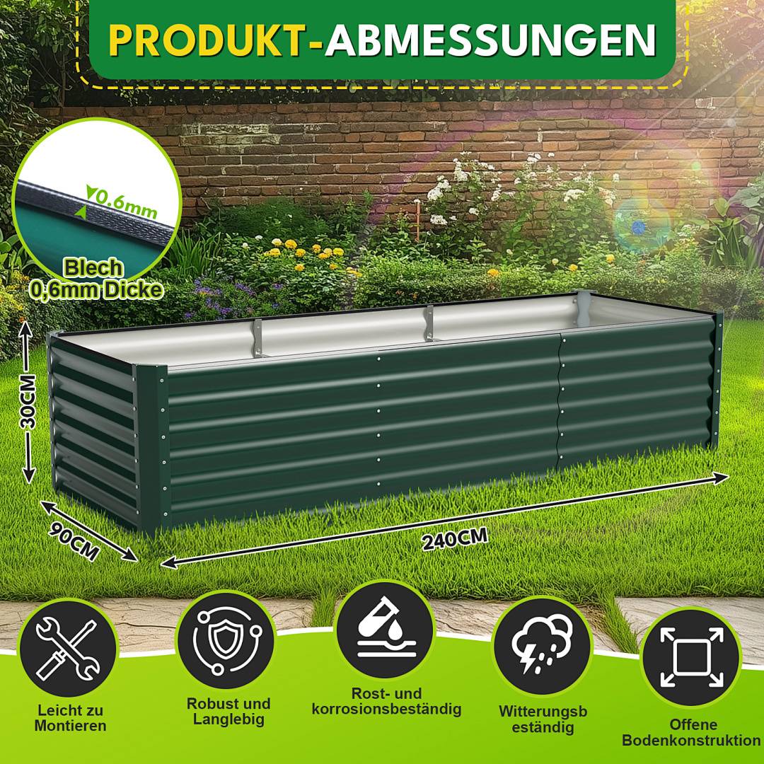 XXL Hochbeet aus Metall 240x90x60cm Garten Verzinkt, Stabiles Gemüsebeet Wetterfest & Rostfrei, Hochpflanzbeet mit Kantenschutz für Kräuter, Bodenl