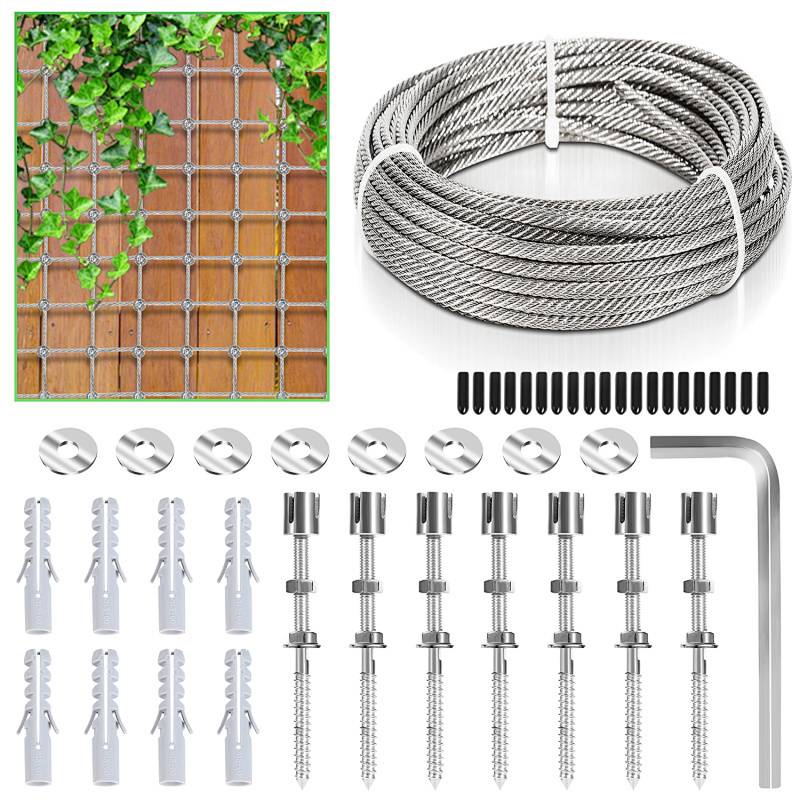 Edelstahl Rankhilfe Drahtseil Set 12m x 3mm – Pflanzen Kletterhilfe Seilsystem für Garten mit Kreuzklemmen & Dübeln