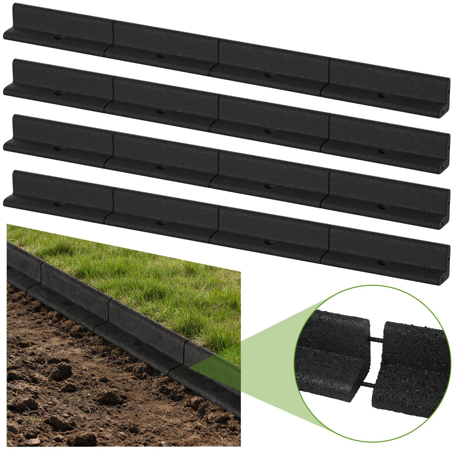 4er Set 4,8 m Rasenkante Beeteinfassung Gartenpalisade Gummi Schwarz mit 16 Erdankern & 8 Verbindern