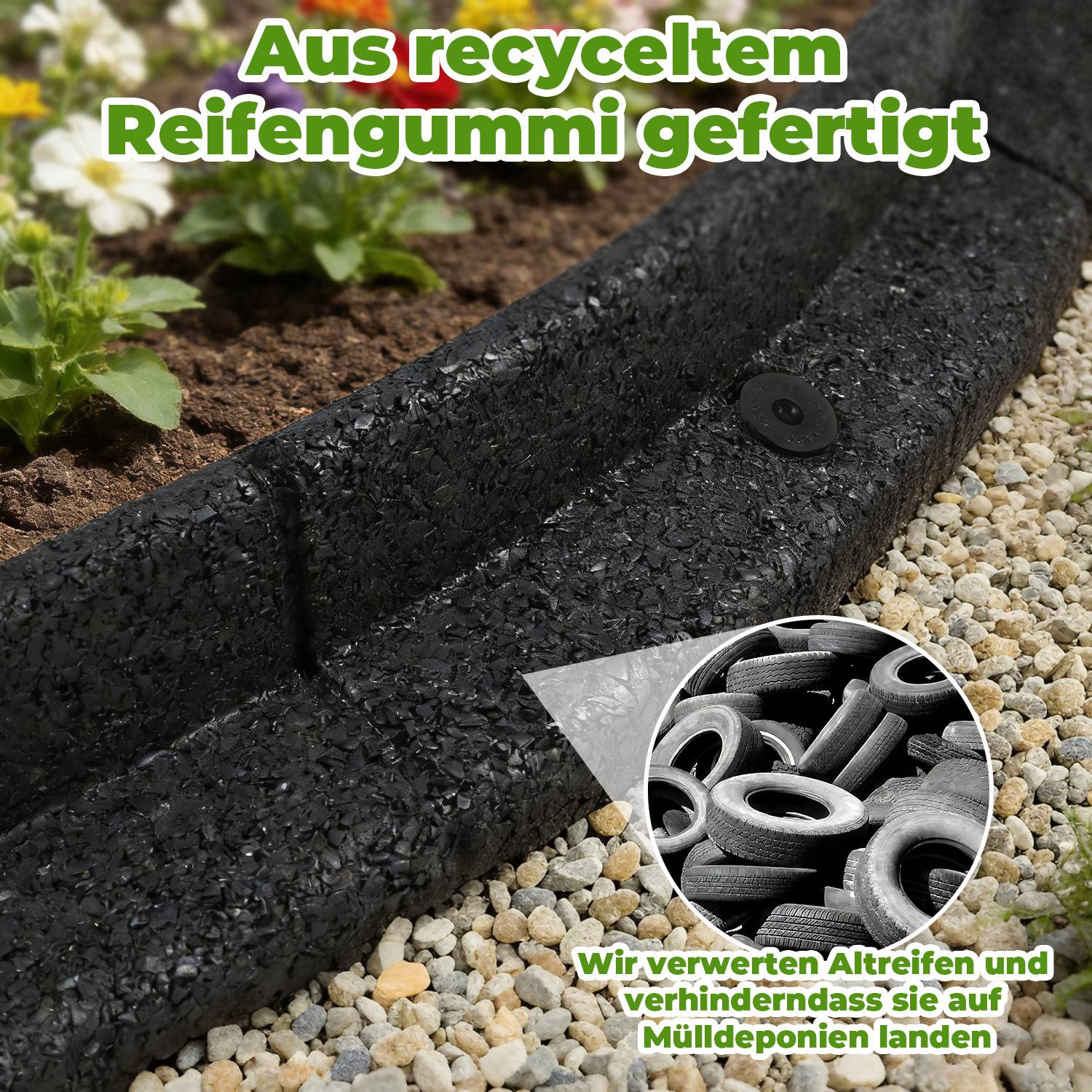 4er Set 4,8 m Rasenkante Beeteinfassung Gartenpalisade Gummi Schwarz mit 16 Erdankern & 8 Verbindern