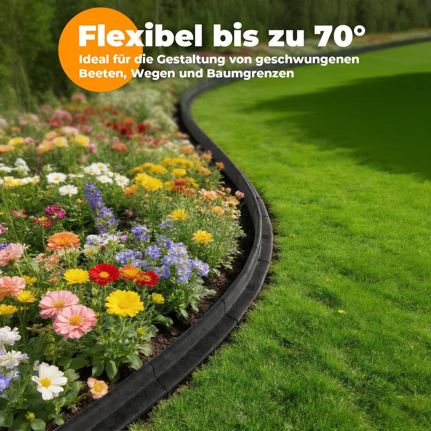 4er Set 4,8 m Rasenkante Beeteinfassung Gartenpalisade Gummi Schwarz mit 16 Erdankern & 8 Verbindern